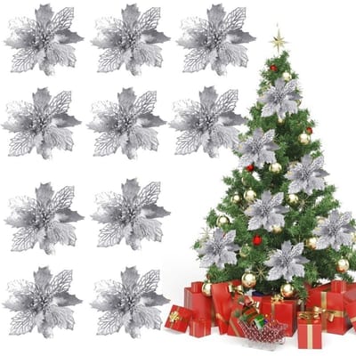 10 PIÈCES Fleurs de Poinsettia à Paillettes de Noël Décoration de Noël Fleurs Artificielles Réutilisables gray