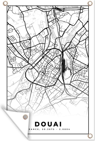 Muurdecoratie Kaart - Plattegrond - Frankrijk - Stadskaart - Douai - Zwart wit - 120x180 cm - Tuinposter - Tuindoek