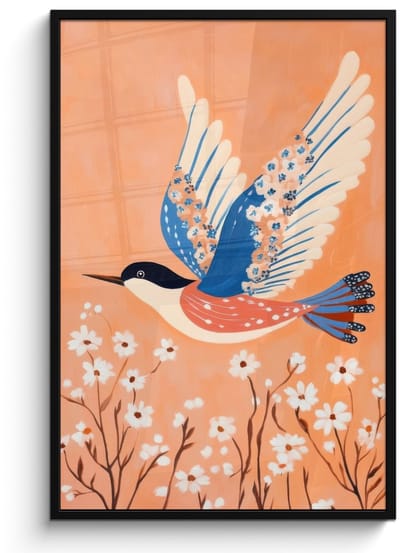 Poster in lijst - Fotolijst 80x120 cm - Posters - Vogel - Bloesemtakken - Warm - Kleurrijk - Posterlijst zwart - Decoratie - Wanddecoratie woonkamer - Muurdecoratie slaapkamer