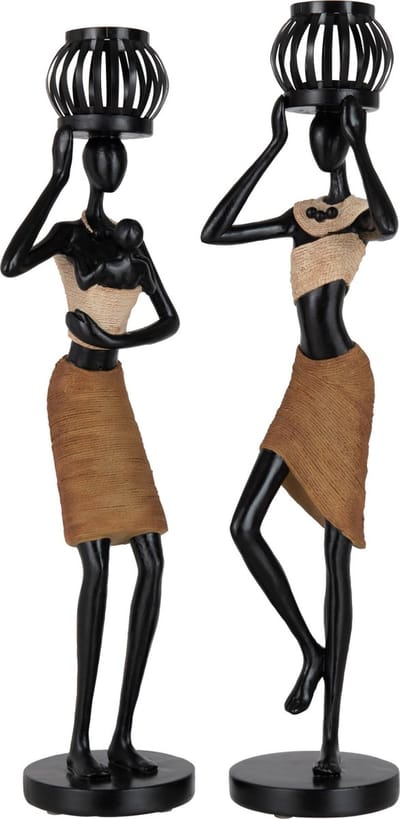 J-Line theelichthouder Op Hoofd Figuur Etnisch - polyresin - bruin - 2 stuks