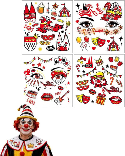 4 Vellen Gezichtstattoos voor Carnaval - Rood-Witte Tatoeages en Stickers voor Kostuums, Feestaccessoires en Carnaval Outfit Keulen