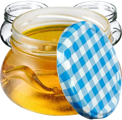 KADAX Kleine inmaakpotten, 300 ml, miniatuurpotten voor honing en specerijen, jampotten met deksel, luchtdichte potten om cadeau te geven (blauw geruit, 10 stuks)