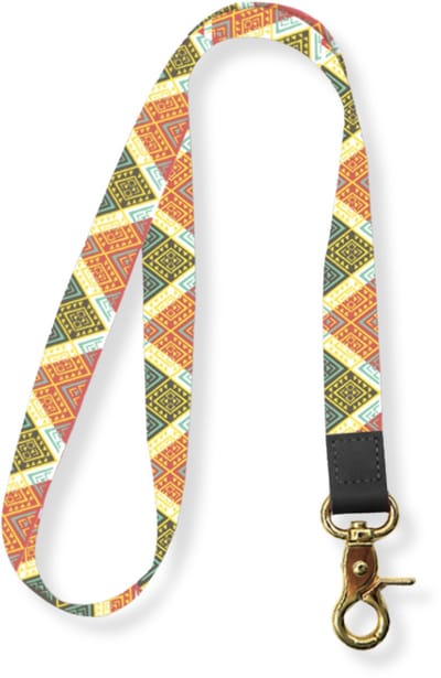 Travel Cords - Keycord Driehoekjes Oranje Groen - lanyard - draaglengte 45 cm - leer - metaal - canvas - sleutelkoord - karabijnhaak goudkleurig - sleutels - pasjes - telefoon