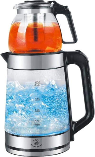 Royal Swiss® Waterkoker met Theepot – Glazen Kookketel 2.0L + 0.8L – 1500W – Automatisch Uitschakelen – Oververhittingsbeveiliging – 360° Draaibaar – RVS & BPA-vrij