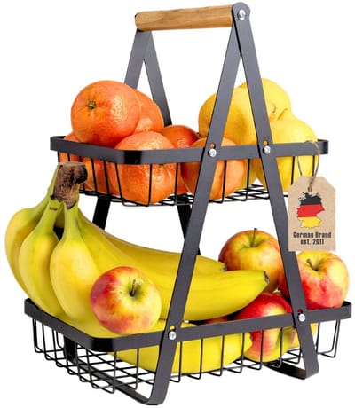 Intirilife Fruitplateau 2-laags hoekig in zwart - Fruitmandhouder van metaal, fruitmanden afneembaar, fruitmand 2 lagen, fruitschaal, groenterek staand - Opbergruimte voor brood, groenten, snacks, keuken