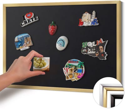 Wallfluent - Zwart Magneetbord in Effen Kleuren - 60 cm x 40 cm - Magneetbord met Gouden Frame - Zwarte kleur - Magnetisch Bord Rechthoekig - Magneetbord met Effen Frame - Magnetisch Bord voor aan de Wand