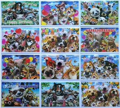 Dieren Verjaardag Wenskaarten - 12 Stuks - Met en zonder tekst - 17 x 12 cm - L-151
