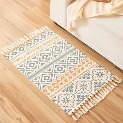 Vloerkleed - Klein 60x90cm, vierkant, katoen, wasbaar, kwastjes, boho stijl, smal voor woonkamer, slaapkamer