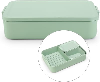 Famanu - Bento Lunchbox, Groot, Uitneembare Vakjes voor Voedselscheiding, Deksel met Clips, Geschikt voor Diepvries, Vaatwasser- & Magnetronbestendig, Jade Green, 26 x 17 x 6 cm