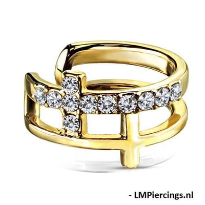 Fake piercing double cross CZ paved gold plated - LMPiercings