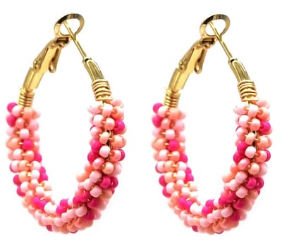 Oorbellen - Glaskralen - Oorringen RVS - 3,5 cm - Goudkleurig en Roze