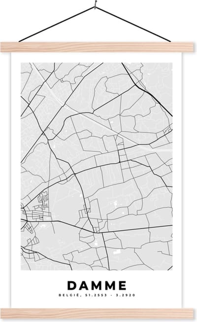Posterhanger incl. Poster 40x60 cm - Schoolplaat - België – Damme – Stadskaart – Kaart – Zwart Wit – Plattegrond - Textielposter - Blanke latten - Stadskaart