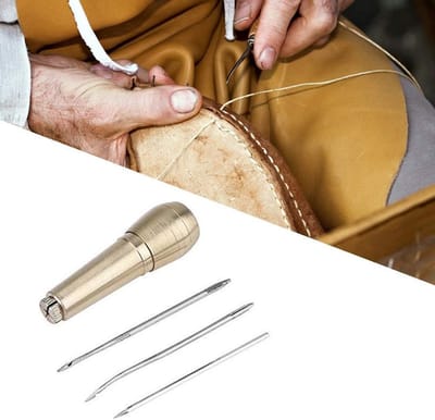 Set van 3 Vintage Leren Priknaalden met Koperen Handvatten voor Schoenreparatie en Stoffen Tassen