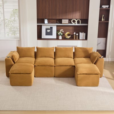 OKWISH Hoekbank 322 x 161 cm - Modulair 4-Zits Sofa Met Hockers En Zijvakken - Woonkamer En Kantoor - Cord - Oranje