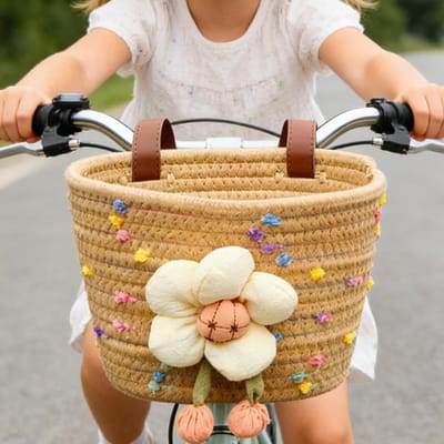 Kinder Fietsmand - Touwmand Bloemen - Spullen Meenemen - Handgeweven Katoen - 23 x 16 x 14 cm - Bruin
