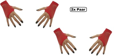 2x Paar nethandschoenen vingerloos rood - Hamston - Festival thema feest disco neon verjaardag verkleed feest