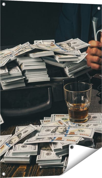 Gards Tuinposter Dollar Geld Briefjes op Tafel van de Maffia - 60x90 cm - Tuindoek - Tuindecoratie - Wanddecoratie buiten - Tuinschilderij