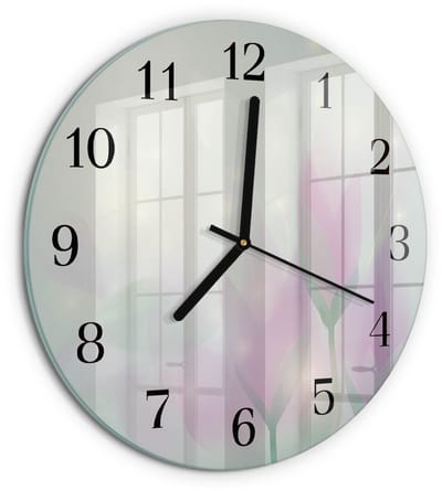 Tulup Wandklok - Bloemen Glazen Wandklok Design - 30fi cm - Roze Klok Glas Met Opdruk - Zwarte Handen - Ronde Wandklok - Wandklok Glas Decoratie - Gekleurde Glazen Klok