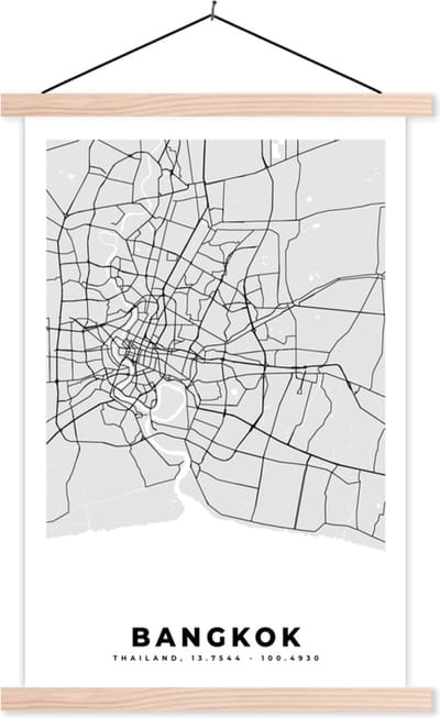 Posterhanger incl. Poster 40x60 cm - Schoolplaat - Bangkok - Stadskaart - Plattegrond - Zwart Wit - Kaart - Textielposter - Blanke latten - Stadskaart