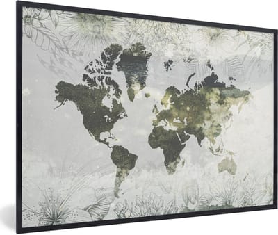 Poster in lijst - Fotolijst 90x60 cm - Posters - Wereldkaart - Bloemen - Geel - Posterlijst zwart - Decoratie - Wanddecoratie woonkamer - Muurdecoratie slaapkamer