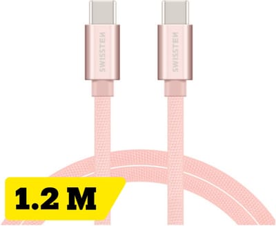 Swissten USB‑C naar USB‑C Oplaadkabel 1,2 meter – Power Delivery Snellader – voor Samsung, iPad, MacBook & iPhone 15,16,17 – Gevlochten Nylon – Roze