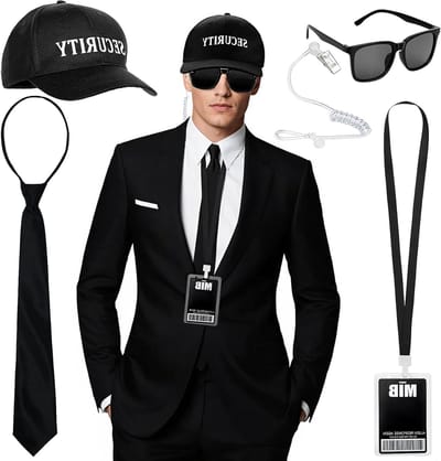 Zwarte Kostuumaccessoires voor Mannen - Set van 6 voor Agenten en Secret Service met Veiligheidshelm, Zonnebril, ID-kaart, Stropdas en Hoofdtelefoon voor Halloween