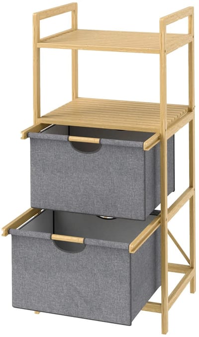 Pugsdrly Bamboe wasrek, met 2 stoffen wasmanden, open vakken, ruimtebesparend, naturel hout