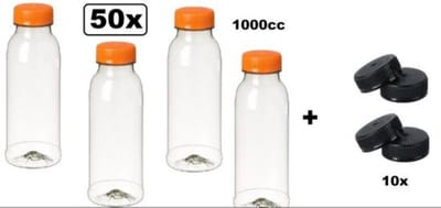 50x Flesje helder 1000cc met oranje dop + 10 zwarte doppen - drink fles vruchten sap limonade drank