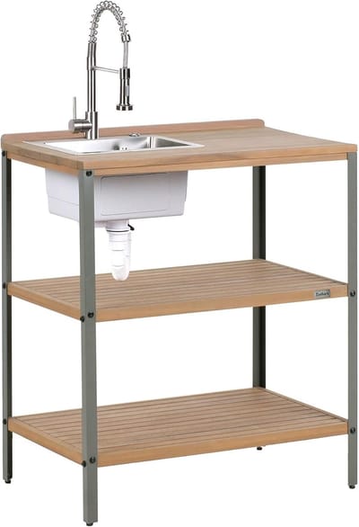 Buitenkeuken eiland - Houten aanrecht - Buiten koken - Met spoelbak - 80 x 92 cm - Bruin