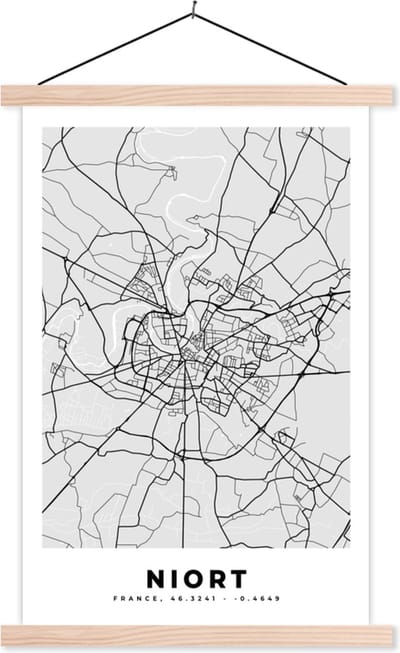 Posterhanger incl. Poster 40x60 cm - Schoolplaat - Frankrijk - Niort - Stadskaart - Plattegrond - Kaart - Textielposter - Blanke latten - Stadskaart