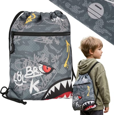 Grijze haai, schoenenzak voor gymles voor jongens, schoudertas voor kinderen, rugzak met vakje 39x31 cm