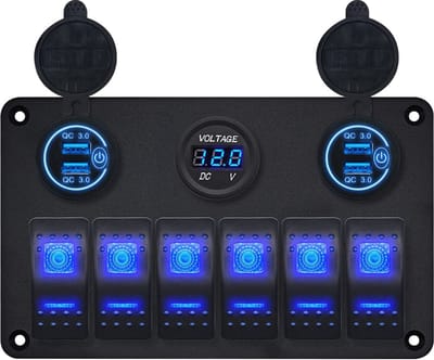 ProRide Schakelpaneel 12V voor Auto/Boot - USB Lader 4 poorten met Voltmeter - QC3.0 - 6 Schakelaars