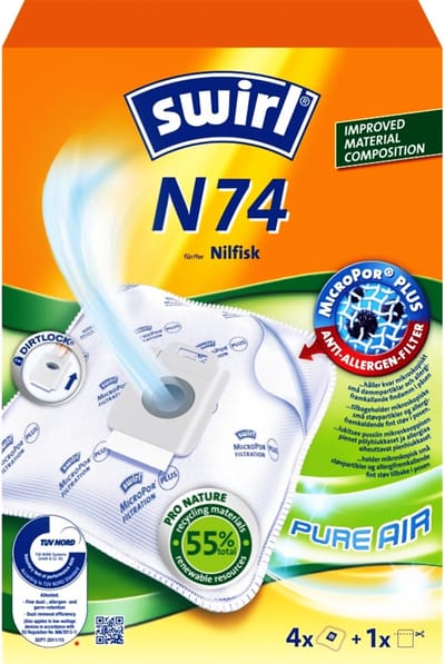 Swirl N74 stofzuigerzakken - 4 stuks + 1 filter - geschikt voor Nilfisk Select Power Elite Classic Comfort Energy Superior P10 P12 P20 P40 Animal Life