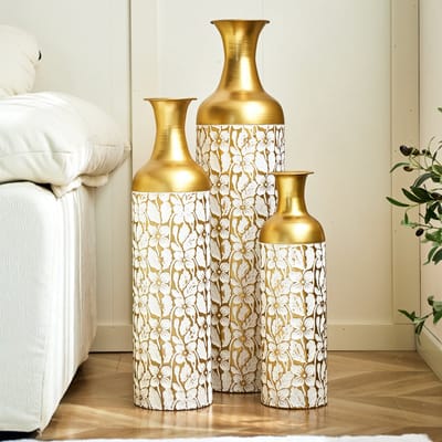 Vaas Set 3-delig - Grote Deko Vazen - Bloemenpatroon - Plantenpotten voor Planten - Woonkamer, Tuin & Binnen - Metaal - Goud/Wit
