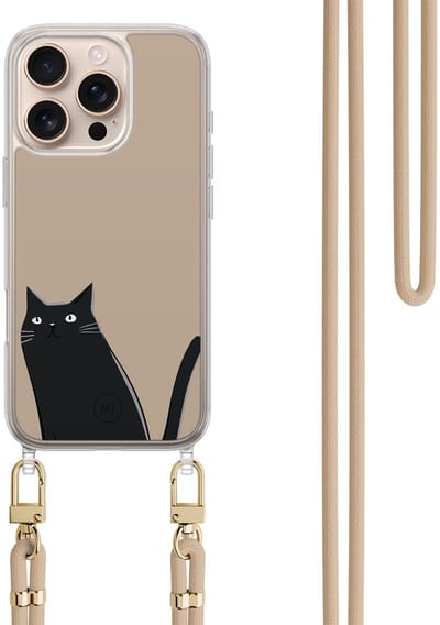 Hoesje met koord geschikt voor iPhone 16 Pro Max - Purrflectly - Inclusief zwart koord - Crossbody beschermhoes - Transparant, Zwart, Beige - Mooie Telefoonhoesjes