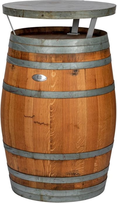Bartafel Wijn 225l. "Rioja DeLuxe" gegalvaniseerd blad, geborsteld, geschuurd, donker geolied / Statafel / Eikenhout / Wijnvat Tafel