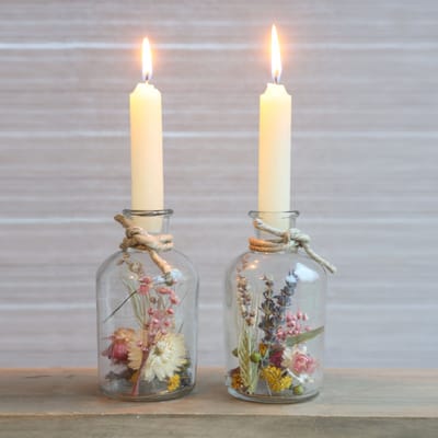 Droogbloemen in Glas met Kaarsen - 2 Stuks - Gedroogde Bloemen Boeket met Vaas - In Fles