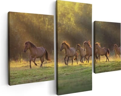 Artaza Canvas Schilderij Drieluik Kudde Bruine Paarden In De Wei - 90x60 - Foto Op Canvas - Canvas Print