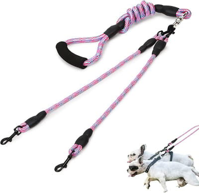Dubbele hondenriem, riem voor 2 honden, dubbele hondenriem, afneembaar, anti-klitten, comfortabele grip, looptraining voor twee middelgrote of grote honden (roze)