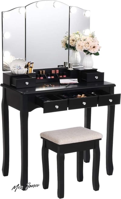 Mrs. Jones Make-uptafel met LEDlampen en Schuifladen inclusief Kruk en Organizer Zwart .