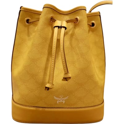 MCM Himmel Lauretos Trekkoord Bedrukt Logo Gecoat Canvas en Kalfsleer Emmer Tas Crossbody Schoudertas Medium Dames tassen Citroen-Goud MWDESAC01Y9001 Basic Set (Bag+Dust Bag)