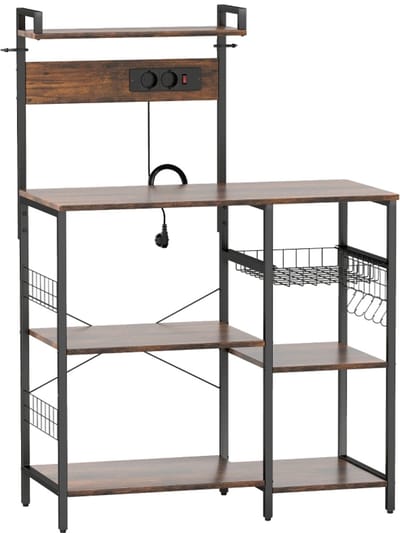 Keukentrolley - 90x42x130 cm - Met Stopcontacten en Haken - Opbergrek - Staal - Zwart