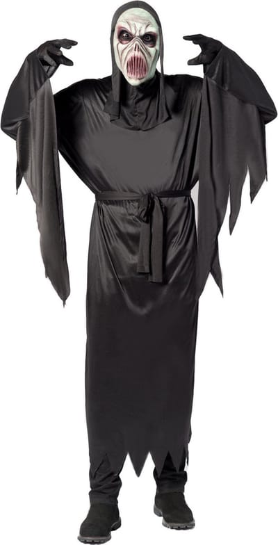 Partychimp 3-Delig Grim Reaper Kostuum Verkleedkleding Voor Volwassenen Halloween Kostuum Volwassenen Magere Hein - One-Size Fits Most - Gewaad + Capuchon + Riem Inbegrepen. Halloween Masker en Handschoenen Niet Inbegrepen