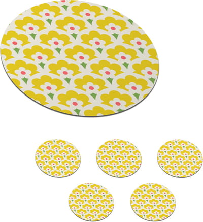Onderzetters voor glazen - Rond - Design - Retro - Seventies - Geel - 10x10 cm - Glasonderzetters - 6 stuks
