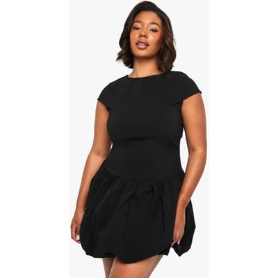 boohoo Dames Plus bengaline minijurk met cap-sleeves en puffball-stijl | Black | Maat: 16