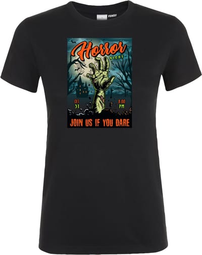 Dames t-shirt Halloween Horror Night | Halloween kostuum kind dames heren | verkleedkleren meisje jongen | Zwart | maat XS