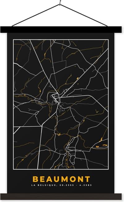 Posterhanger incl. Poster 40x60 cm - Schoolplaat - Black & gold - Stadskaart - Beaumont - Plattegrond - Kaart - Textielposter - Zwarte latten - Stadskaart