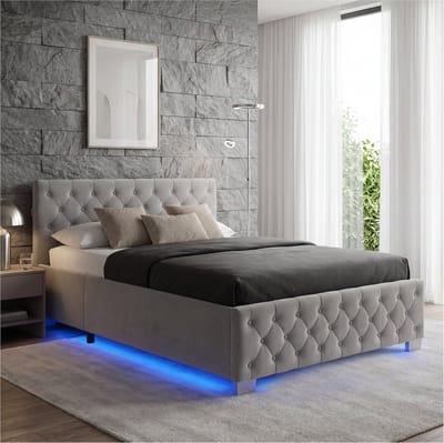 tectake® Gestoffeerd bed met lattenbodem - 140 x 200 cm - Donkergrijs - Twijfelaar - Bedframe met opbergruimte en LED strip - Inclusief afstandsbediening - Eenvoudige montage