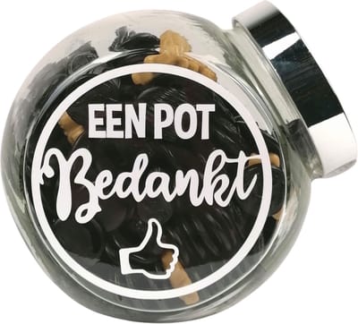 Snoeppot met tekst "een pot Bedankt" gevuld met 1250 gram drop - bedankje - bedankt cadeautje