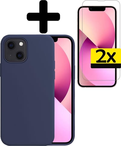 Hoesje - Met 2x Screenprotector - Geschikt voor Apple iPhone 13 Mini - Sterk & Shockproof - Back Cover - Siliconen Case - Telefoon Hoes - Telefoonhoesjes - Donkerblauw